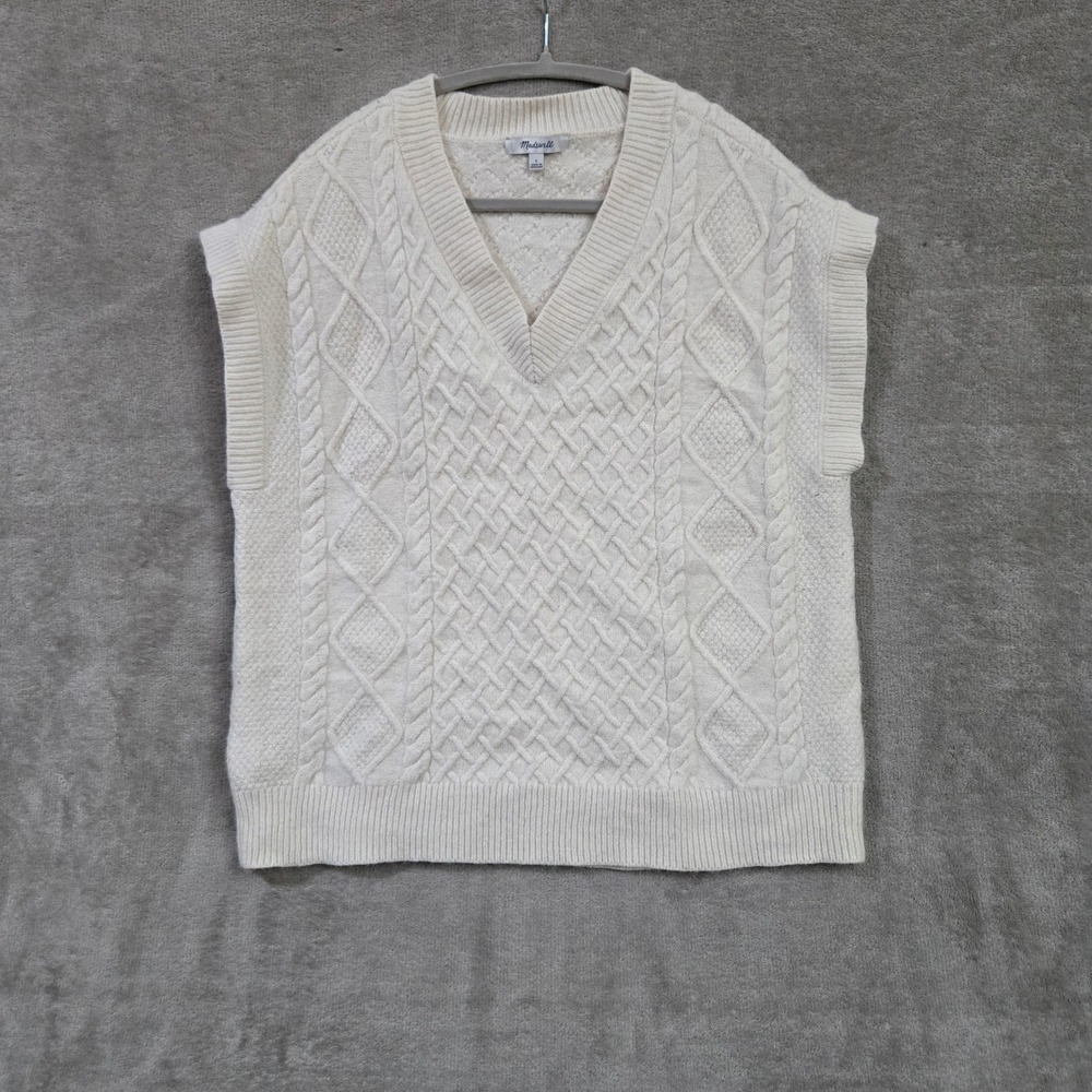 Madewell Wool Blend Cable Knit Sweater Vest Large Neutral Preppy Old Money